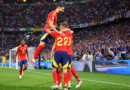 MUNICH, GERMANY – JULY 09: Dani Olmo of Spain celebrates with teammates after Jules Kounde of France (not pictured) concedes an own goal, resulting in the second goal for Spain, during the UEFA EURO 2024 Semi-Final match between Spain and France at Munich Football Arena on July 09, 2024 in Munich, Germany. (Photo by Boris Streubel – UEFA/UEFA via Getty Images)